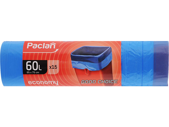 Мешок для мусора 60 л. 15 шт. "Paclan. Economy" с завязками, 20 мкм