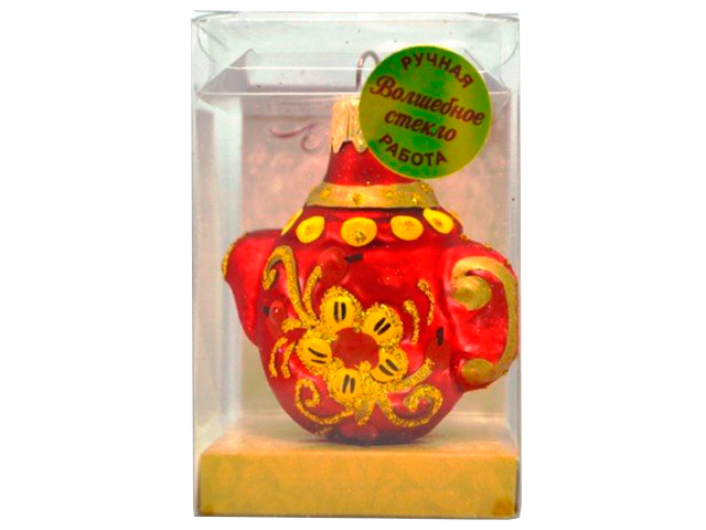 Елочное украшение фигурка "Чайник хохлома" 6 см, стекло, в подарочной упаковке