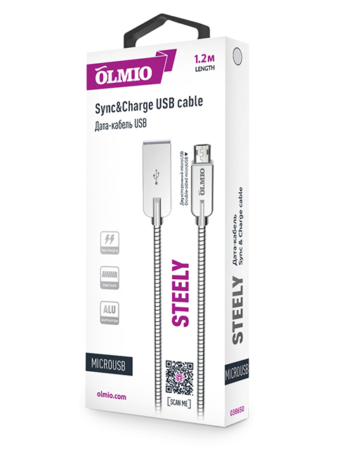 Дата-кабель OLMIO STEELY USB 2.0-microUSB 2.1A, 1.2м, серебристый