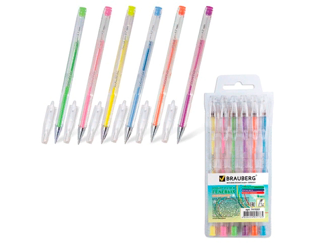 Ручки гелевые BRAUBERG "Jet", набор 6 штук, чернила пастельные, узел 0,7 мм, линия 0,5 мм, ассорти, 141033