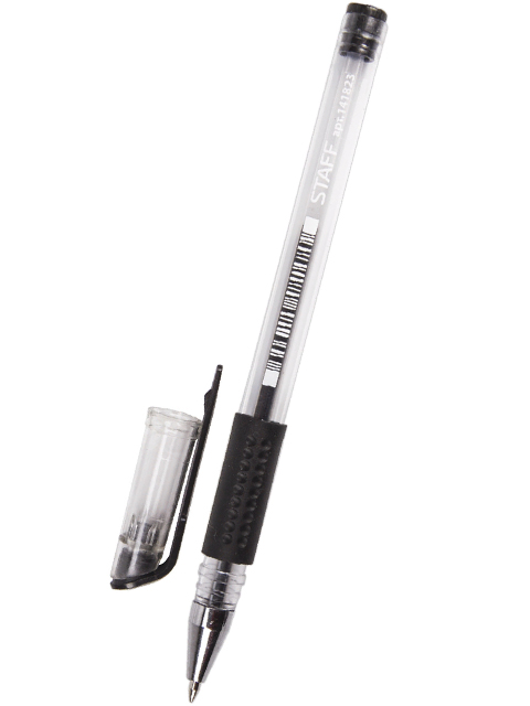 Ручка гелевая STAFF, корпус прозрачный, узел 0,5 мм, линия 0,35 мм, резиновый упор, черная, 141823