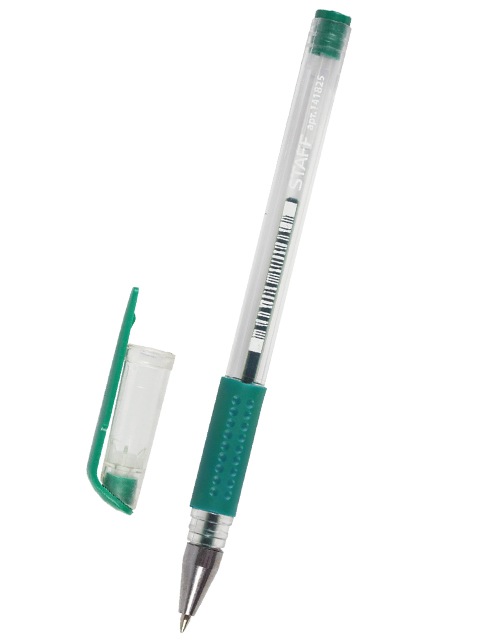 Ручка гелевая STAFF, корпус прозрачный, узел 0,5 мм, линия 0,35 мм, резиновый упор, зеленая, 141825