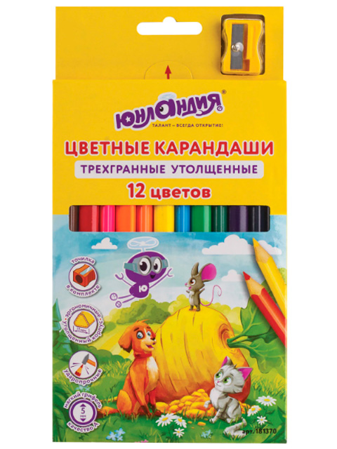 Карандаши цветные утолщенные Юнландия "Сказочный мир" 12 цветов, трехгранные, с точилкой, в картонной упаковке