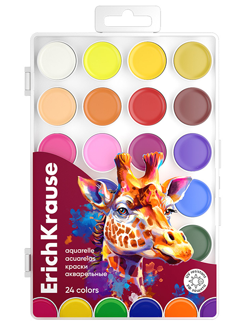 Краски акварельные Erich Krause "Safari" с УФ защитой яркости 24 цвета в пластиковой коробке