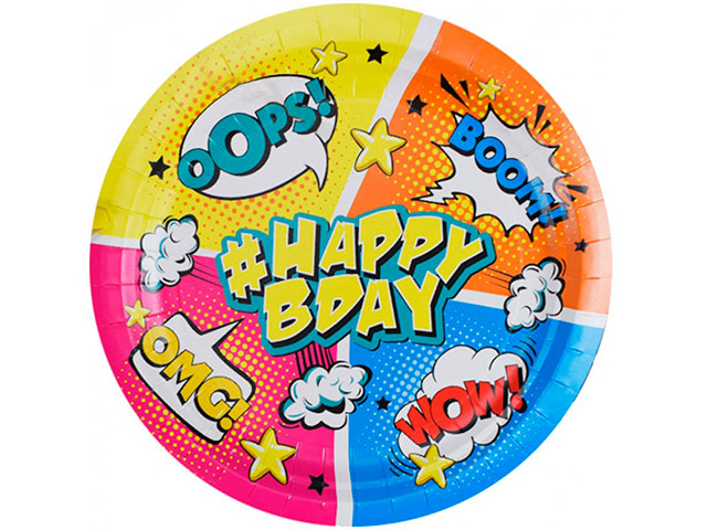 Тарелка бумажная Пати бум "Happy Birthday. Комиксы" d-23 см, ламинированная, 6 шт.в упак.