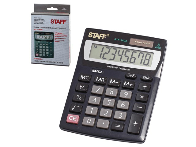 Калькулятор STAFF настольный STF-1808, 8 разрядов, двойное питание, 140х105 мм