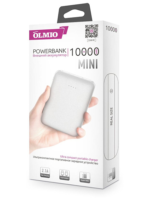 Аккумулятор внешний OLMIO "MINI-10", 10000mAh, 2.1А, micro USB, белый