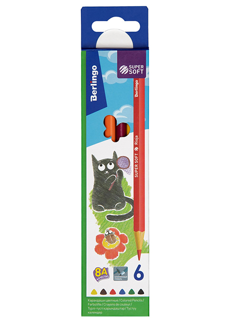Карандаши цветные Berlingo "Super Soft. Жил-был кот" 6 цветов, деревянные, заточенные, трехгранные, в картонной упаковке