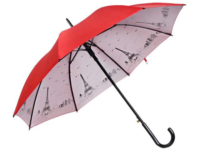 Зонт-трость женский полуавтомат "Ночной Париж" 8 спиц, d=53см, красный