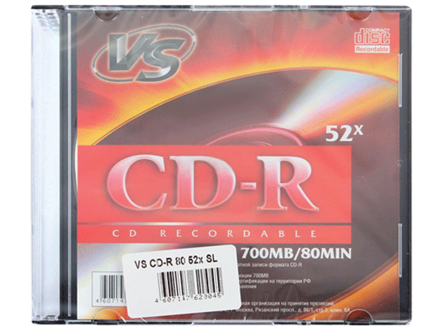 Диск CD-R VS, 700 Mb, 52x, Slim Case, VSCDRSL01, (1 штука), 511544