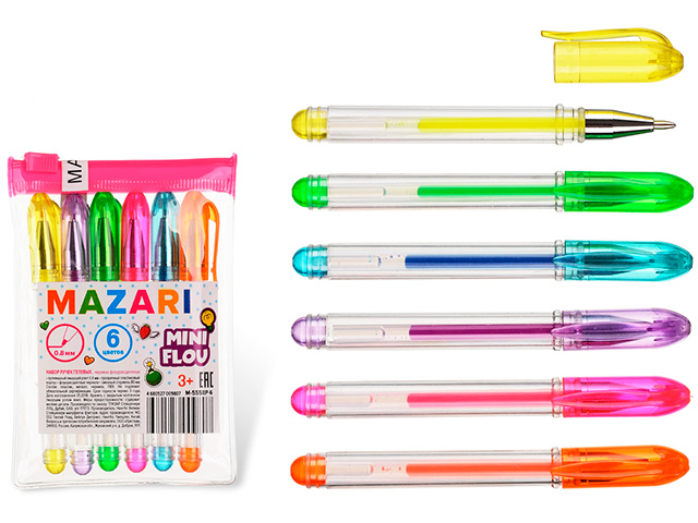 Набор гелевых ручек Mazari "Mini Flou" 6 цветов, 0,8 мм, флуоресцентные