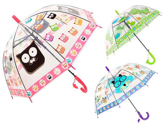 Зонт детский d=50см, прозрачный, механический, рисунок в ассортименте, со свистком