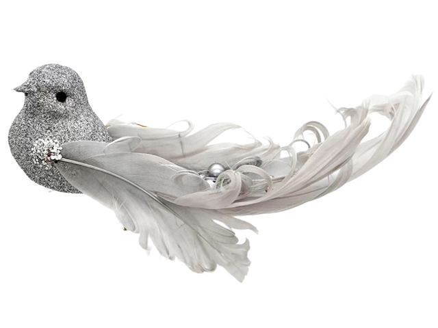 Елочное украшение "Птичка с глиттером на клипсе" 19см серебро