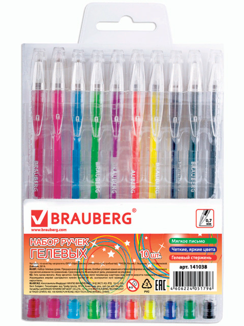 Ручки гелевые BRAUBERG "Jet", 10 штук, узел 0,7 мм, линия 0,5 мм, ассорти, 141038