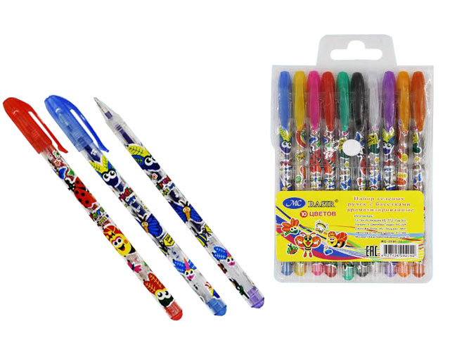 Набор гелевых ручек Basir "Насекомые" 10 цветов, ароматизированные с блестками