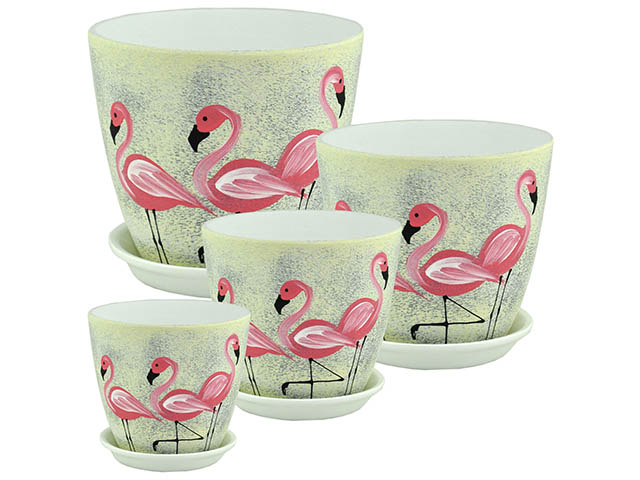 Горшок для цветов "Бутон Роспись Фламинго" комплект из 4-х предметов, керамика