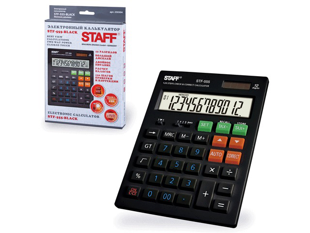 Калькулятор STAFF настольный STF-555-BLACK, 12 разрядов, CORRECT, TAX, ЧЕРНЫЙ, двойное питание, 205х154 мм