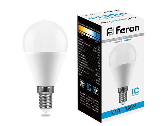 Лампа светодиодная "Feron" E14 13Вт 6400К, матовый шар, дневной
