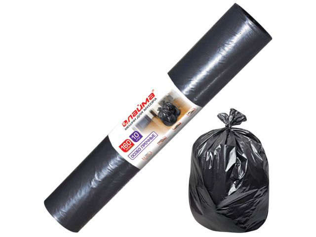 Мешки для мусора, 160 л, комплект 10 шт., рулон, ПВД, особо прочные, 90х110 см (±5%), 100 мкм, черные, ЛАЙМА, 601798