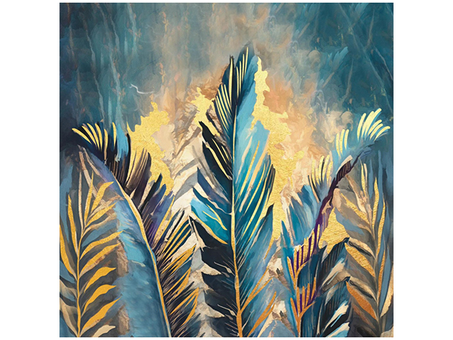 Холст с красками по номерам "Тропические листья" с золотой поталью 40х40см