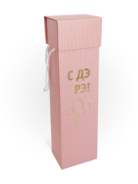 Коробка под бутылку  с перекидной крышкой (прямоугольник, 80х100х360, розовый перламутр-полоска, шнурок белый)