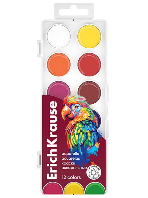 Краски акварельные Erich Krause "Safari" с УФ защитой яркости 12 цветов в пластиковой коробке