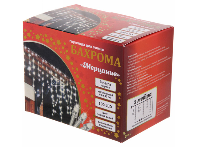 Гирлянда электрическая "Бахрома. Мерцание" ш3м* в40/60см 100 ламп LED, прозр.провод,1 режим, IP-54, Теплый белый (возможность соединения)