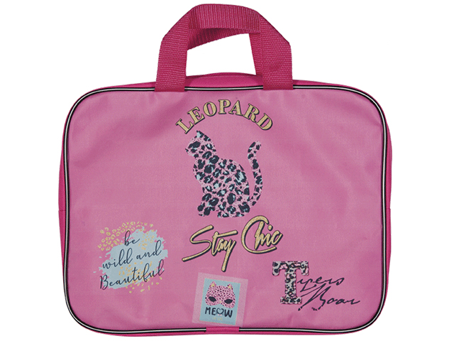 Папка А4 deVENTE "Leopard", текстильная на молнии, широкая (7см), ручка-тесьма, розовая