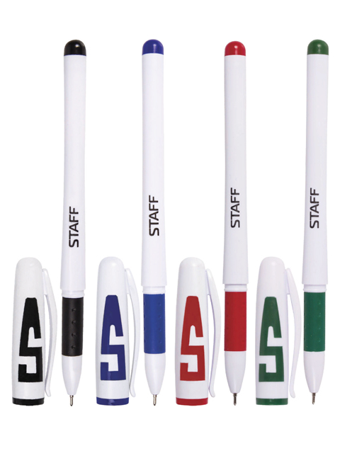 Ручки гелевые STAFF, набор 4 шт., корпус белый, узел 0,5 мм, резиновый упор (синяя, черная, красная, зеленая), 142395