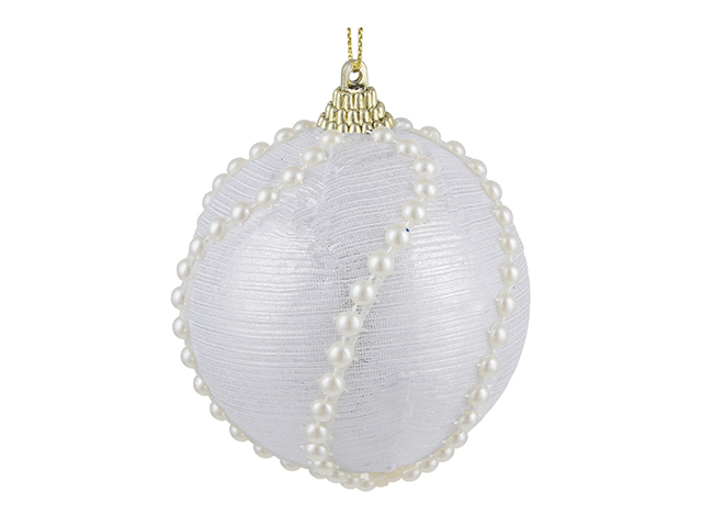 Елочное украшение СНОУ БУМ Подвеска декоративная шар с декором 8см белый жемчуг пенопласт, текстиль