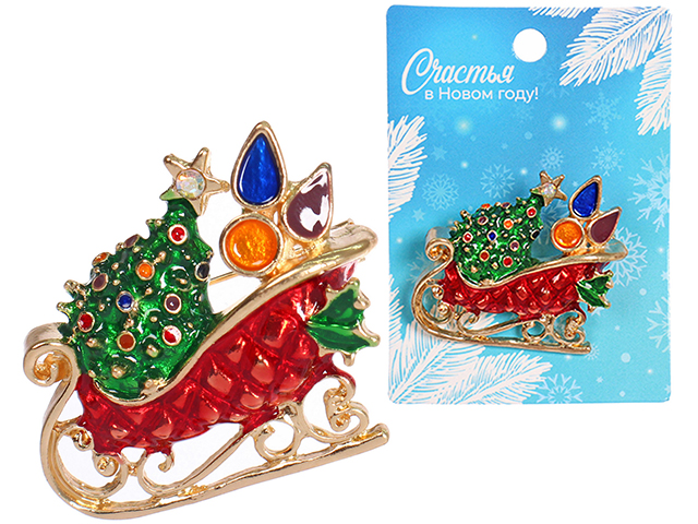Брошь новогодняя "Best Podarok - Сани с ёлкой"