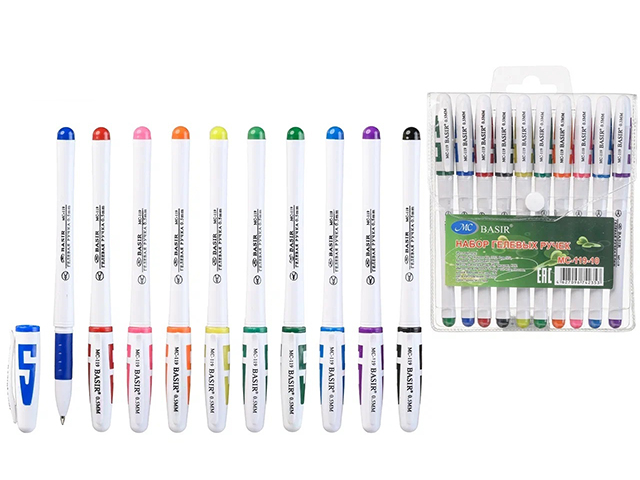 Набор гелевых ручек Basir, 10 цветов, белый корпус, в ПВХ упаковке