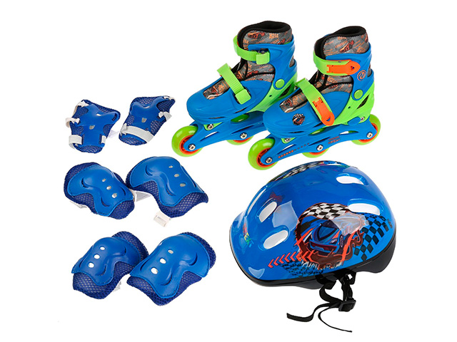 Роликовые коньки NEXT с защитой и шлемом, раздвижные, синие, р-р 27-30, в рюкзаке