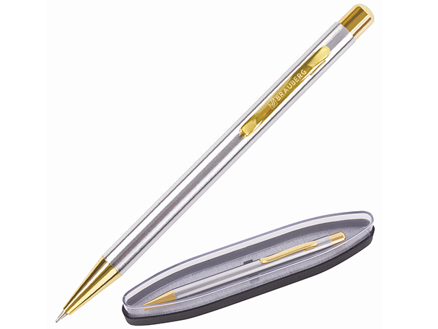 Ручка бизнес-класса шариковая BRAUBERG "Piano", корпус серебристый с золотым, 0,5мм, синяя