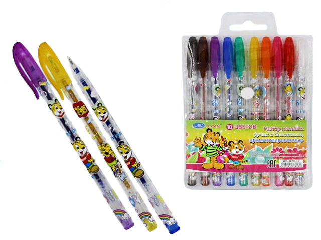 Набор гелевых ручек "Basir. Тигрята" ароматизир. с блестками, 10цв. в упак.