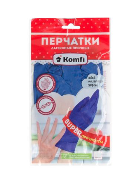 Перчатки латексные прочные Komfi, размер М, синие