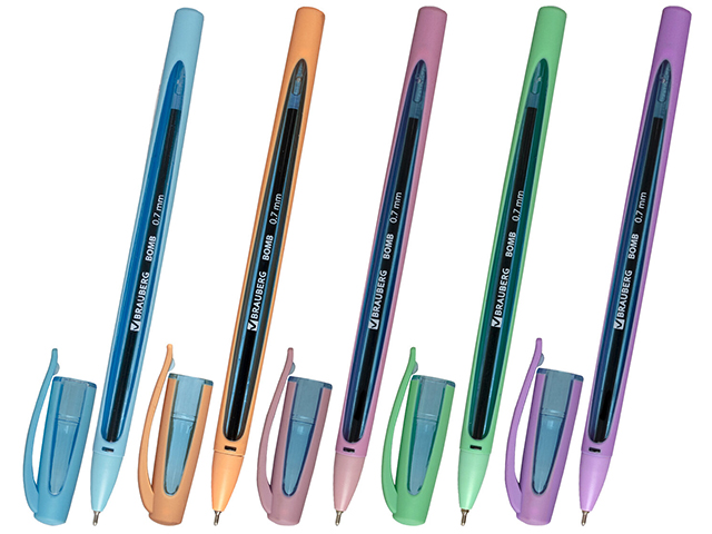 Ручка шариковая масляная BRAUBERG "BOMB GT Pastel", корпус ассорти, прорезиненная, 0,7 мм, синяя