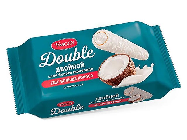 Вафельные трубочки Twiggy DOUBLE, с кокосом, в белом шоколаде, 185г