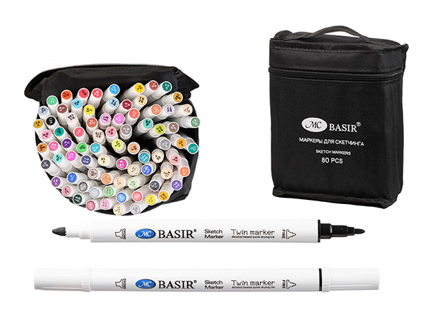 Набор маркеров для скетчинга "Basir" 80 цветов, двусторонние, трехгранный корпус, в сумке с ручкой