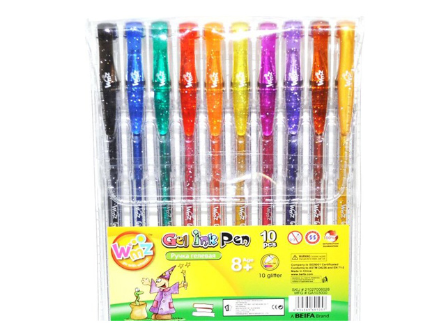 Набор гелевых ручек BIEFA "Блестки" 10 цветов, с блестками, ПВХ упаковка