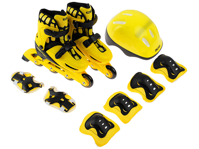 Роликовые коньки с защитой и шлемом "ONLITOP", раздвижные, желтые, р-р 30-33, в сумке