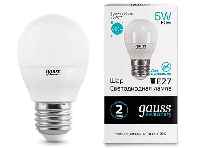 Лампа светодиодная "Gauss Elementary" LED 6вт 230в, Е27, белый матовый, шар