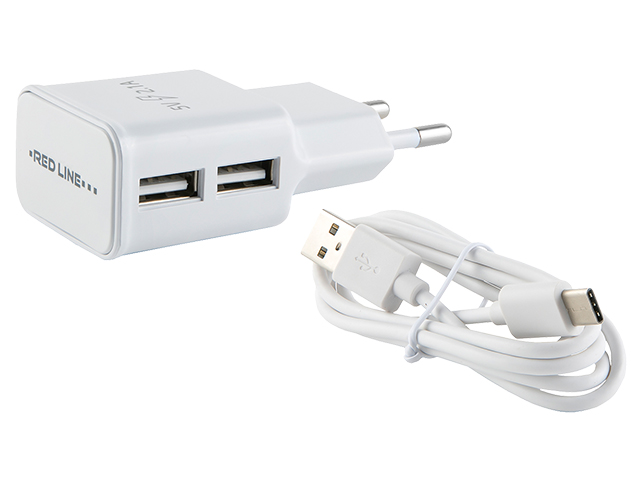 Зарядное устройство сетевое Red Line 2 USB (модель NT-2A) 2.1А+кабель Type-C, белый