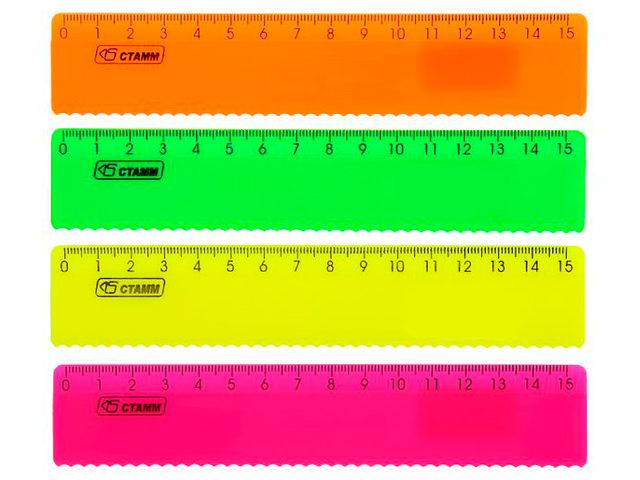 Линейка пластмассовая 15 см СТАММ "Neon" с волнистым краем, непрозрачная, цветная