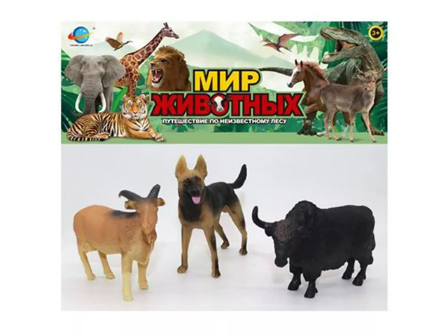 Игровой набор животных 3 предмета, козел, буйвол и собака, 11х15см, в пакете