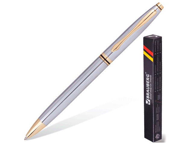 Ручка бизнес-класса шариковая BRAUBERG "De Luxe Silver", корпус серебристый, золотистые детали, 1 мм, синяя, 141414
