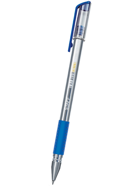 Ручка гелевая STAFF, корпус прозрачный, узел 0,5 мм, линия 0,35 мм, резиновый упор, синяя, 141822