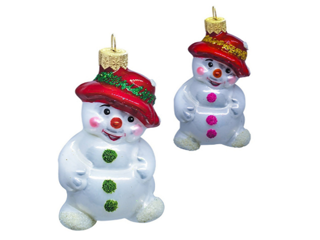 Елочное украшение фигурка "Снеговик в шляпе" 9см стекло, в подарочной упаковке