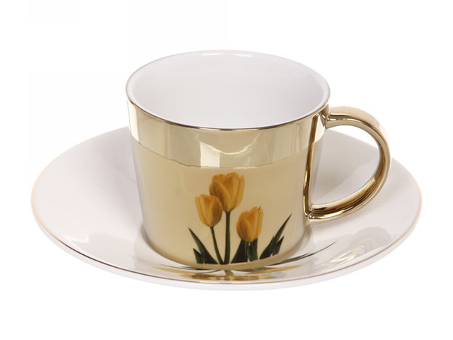 Чайная пара "Тюльпаны желтые" зеркальная кружка 230мл+блюдце, анаморфный дизайн