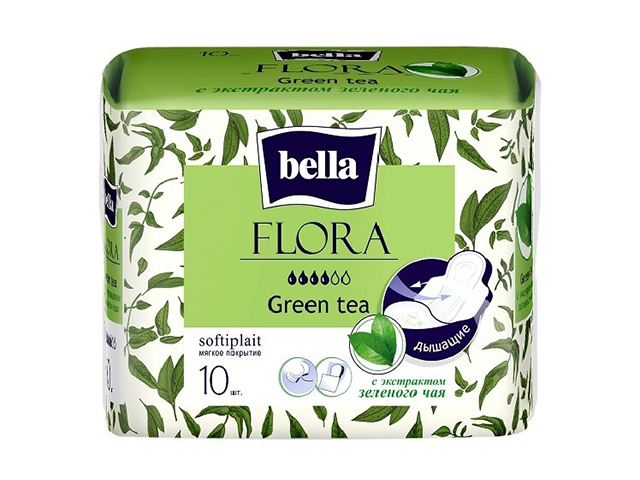 Прокладки Bella Flora Green Tea с крылышками, с ароматом зеленого чая, дышащие, 10шт